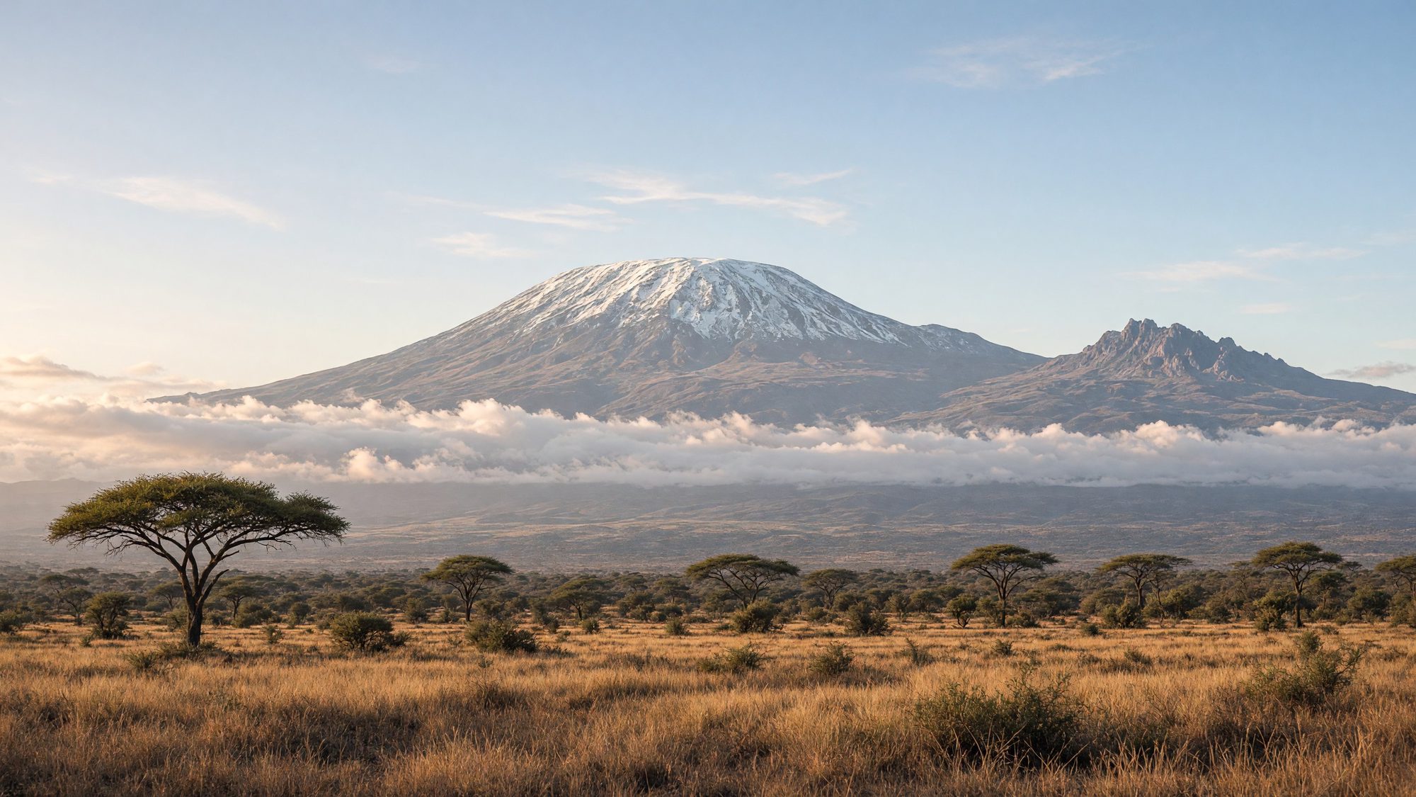Kilimanjaro with the Kibo summit and Mawenzi above the clouds and savannah