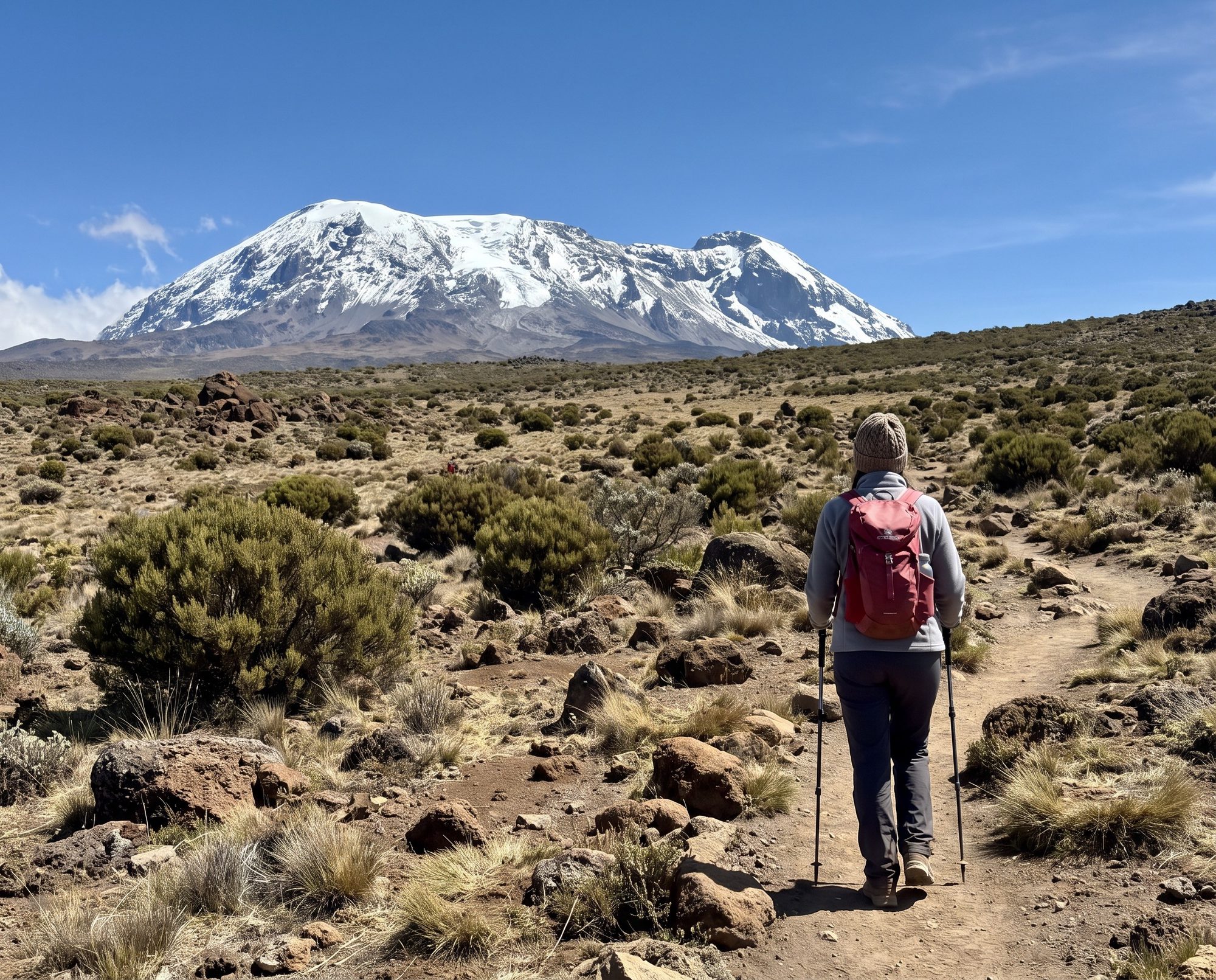 Female hiker with a red rucksack and hiking poles on a path to the snow-capped Kibo