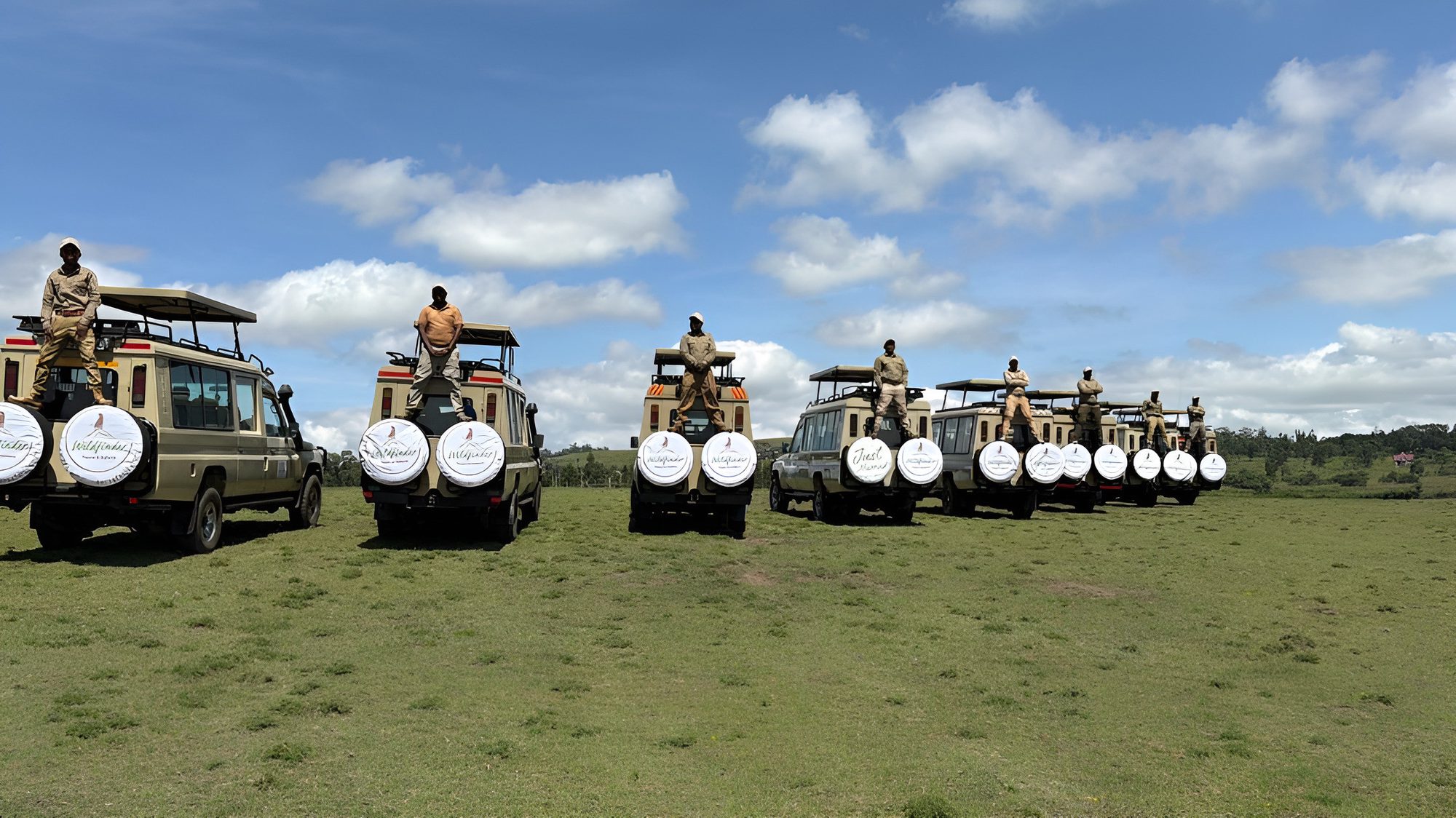 Wildfinder safari vehicles in a row, guides standing in the roof hatches