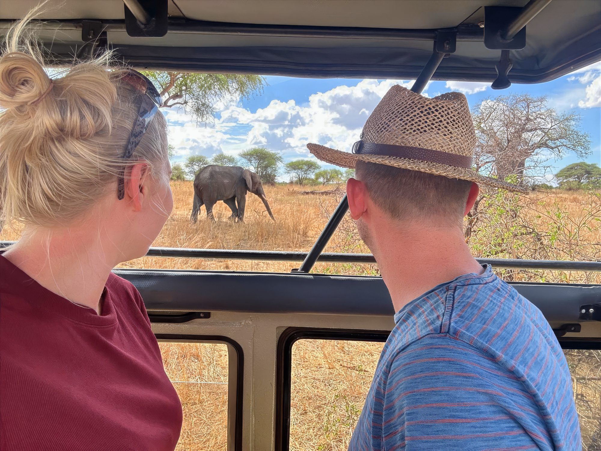 Paar beobachtet aus dem Safarifahrzeug einen Elefanten im Tarangire-Nationalpark
