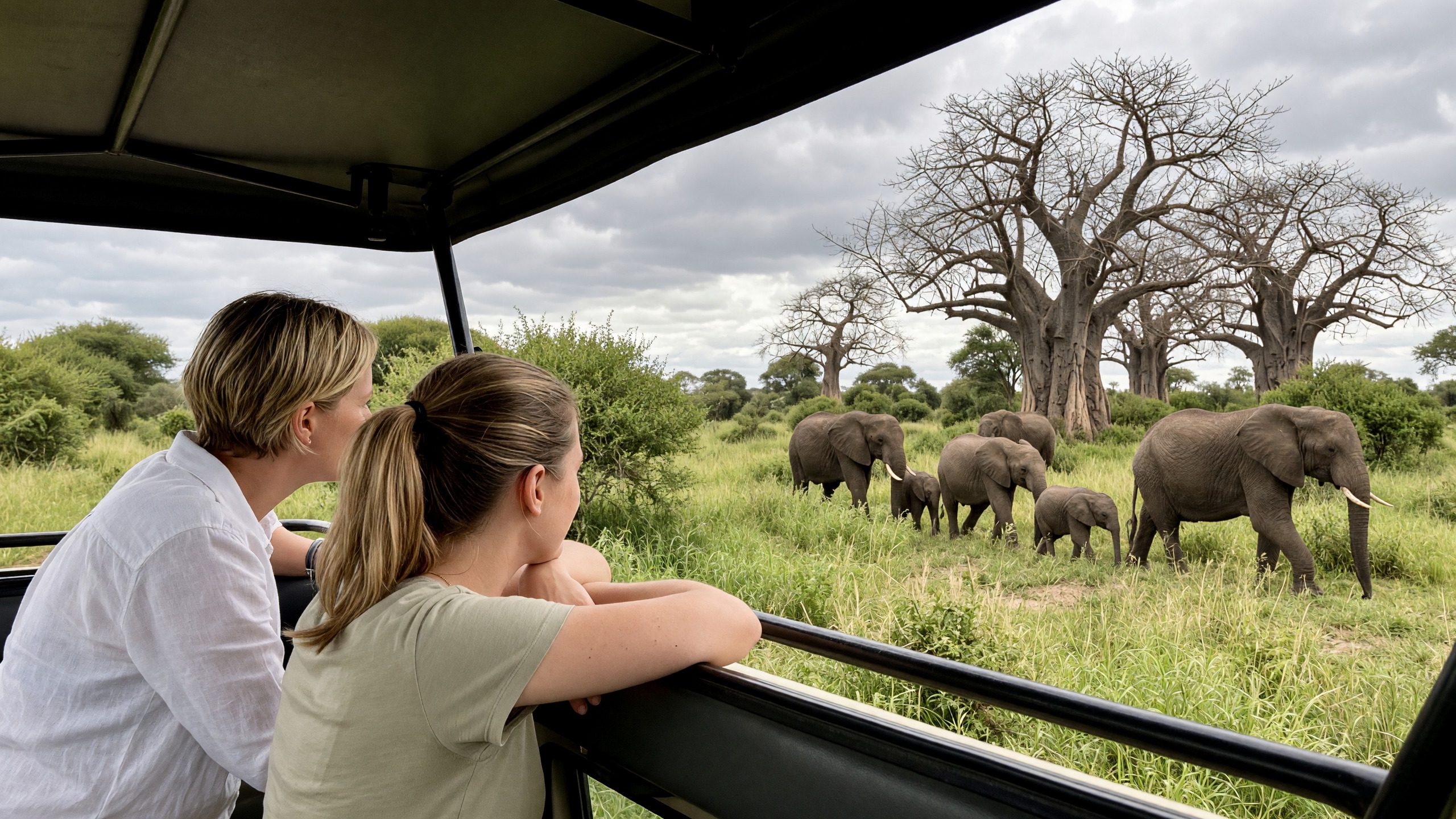 Zwei Frauen im Safarifahrzeug beobachten eine Elefantenfamilie mit zwei Jungtieren vor Baobabs