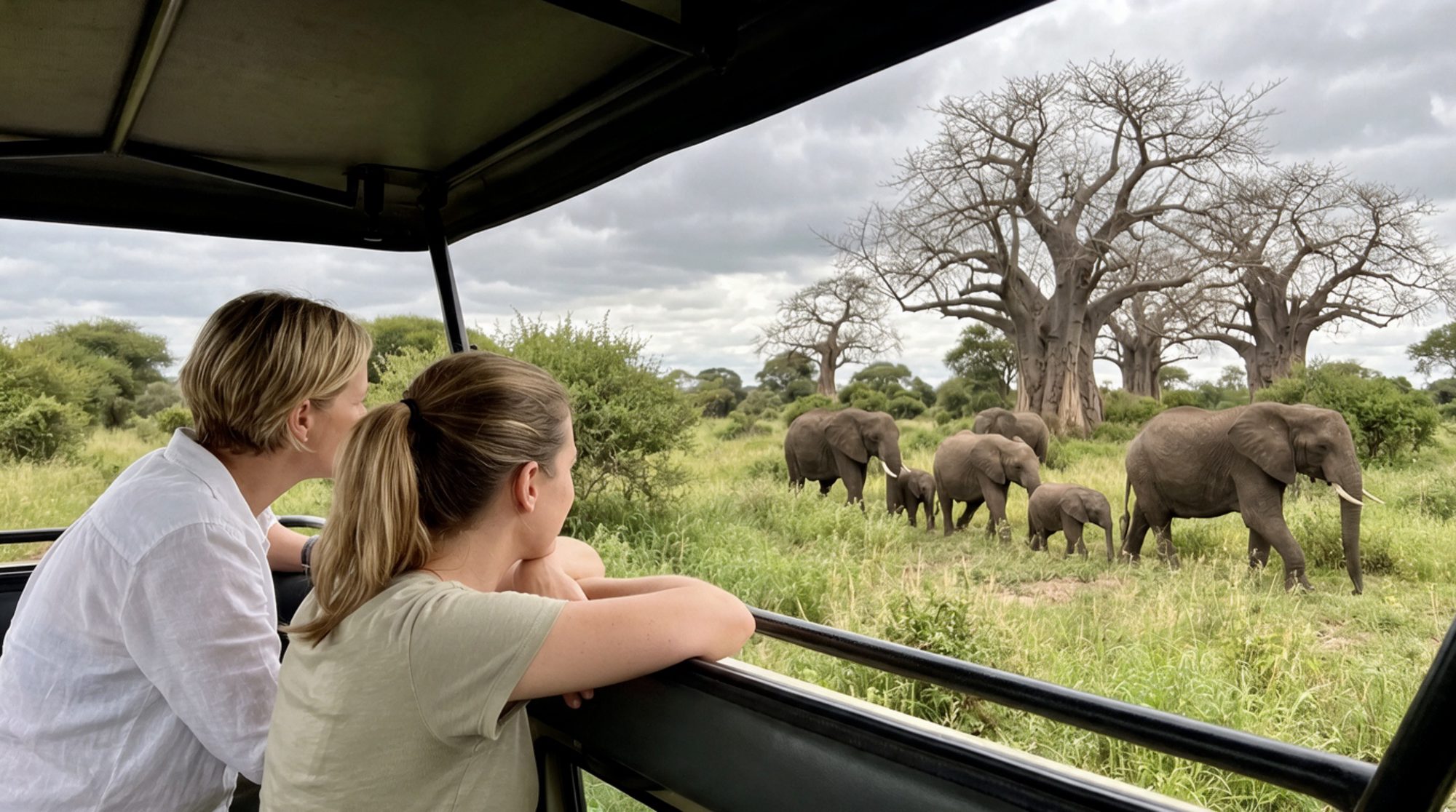 Zwei Frauen im Safarifahrzeug beobachten eine Elefantenfamilie mit zwei Jungtieren vor Baobabs