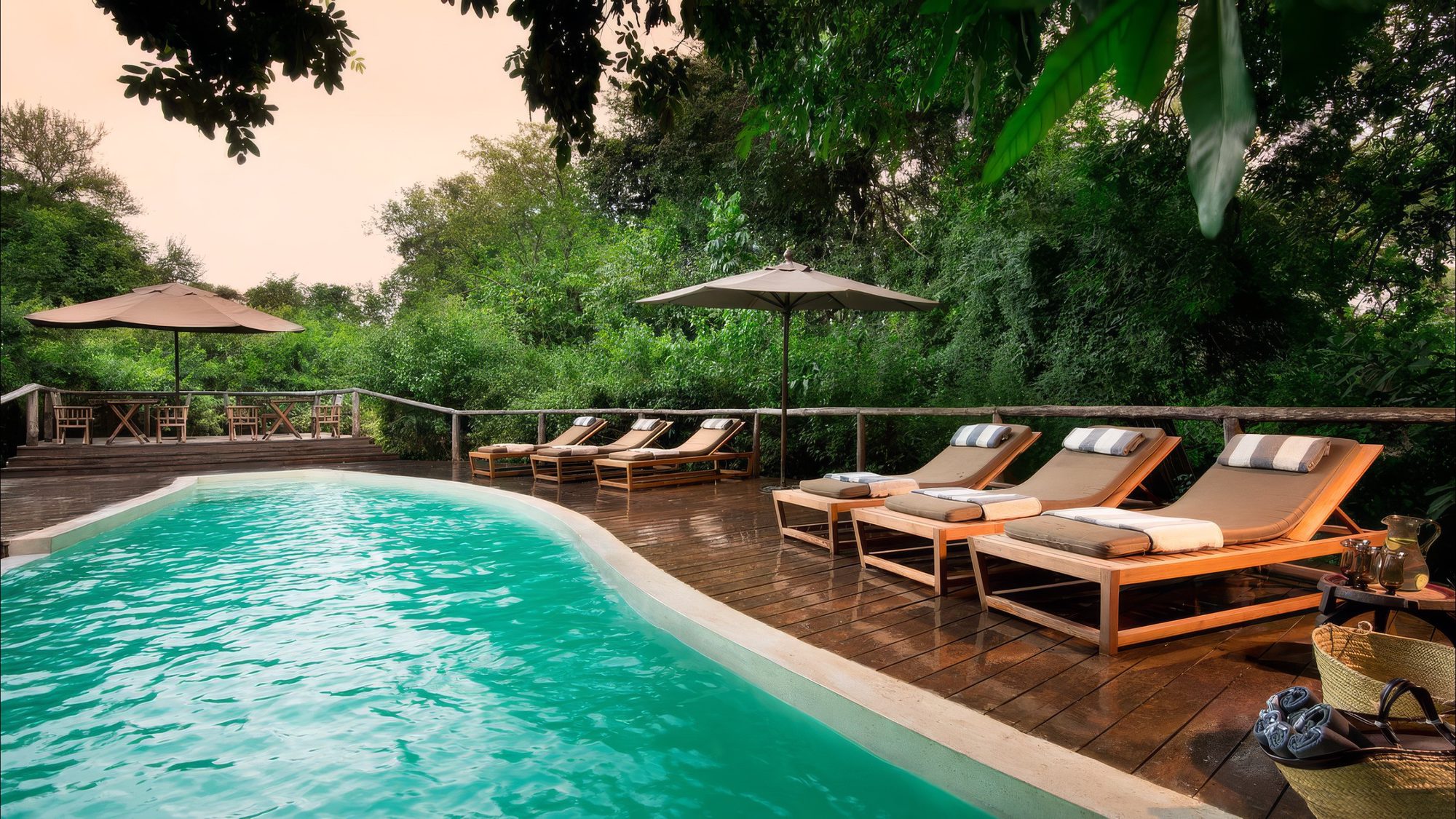Pool mit Liegen im Wald der Andbeyond Lake Manyara Tree Lodge