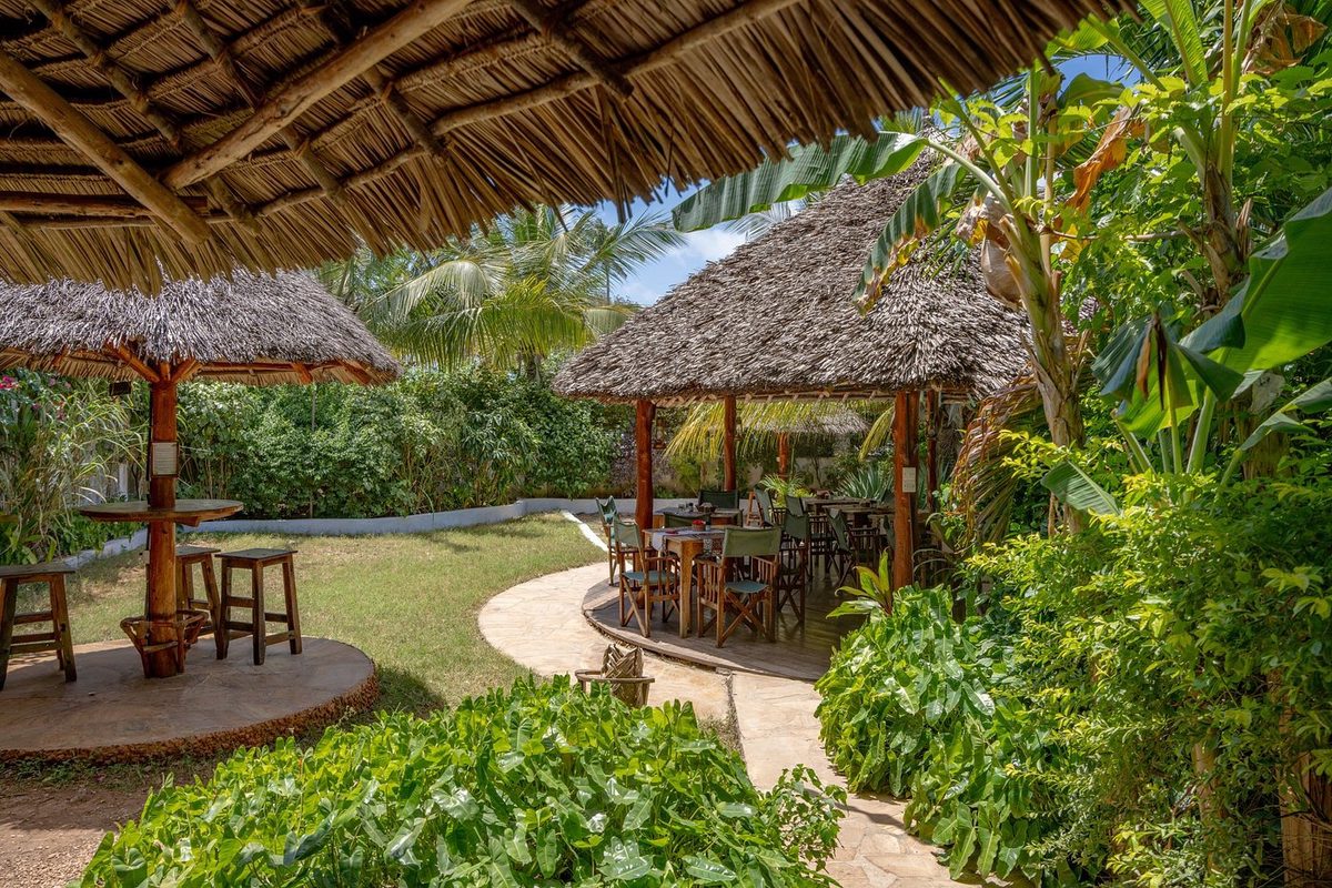 Jardín con comedor cubierto y palmeras
