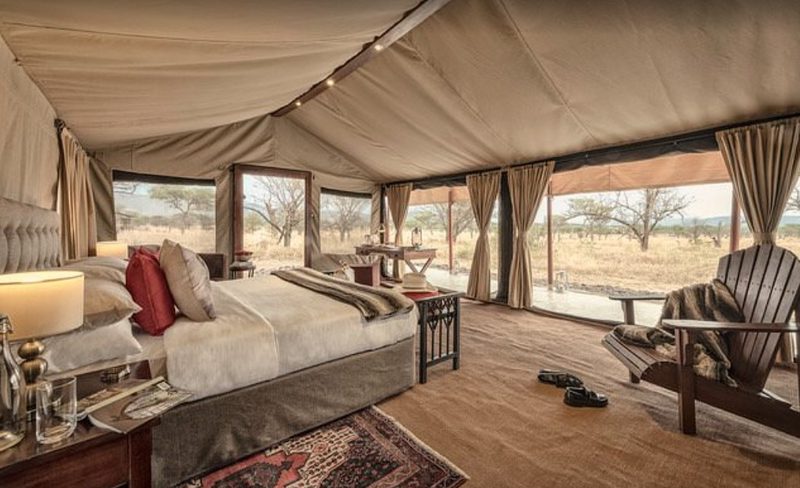 Tent suite with double bed, a red cushion and open front with curtains facing the savannah with acacias