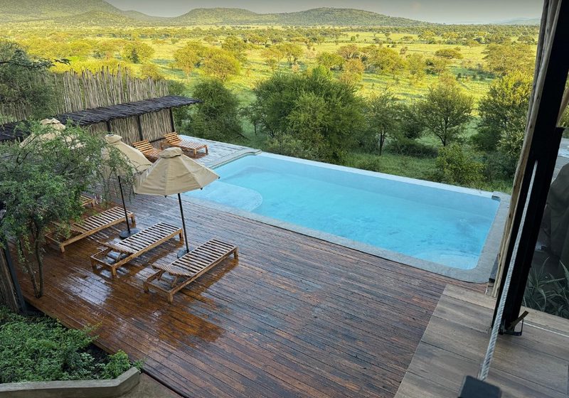 Infinity pool on a wooden deck from above with wooden loungers, parasols and green savannah to the hills