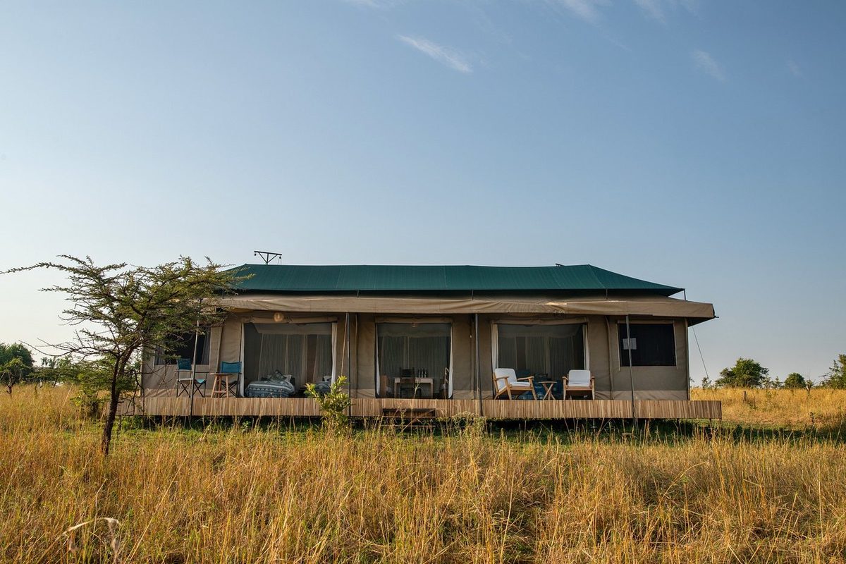 Zeltbungalow in trockener Savanne der Serengeti
