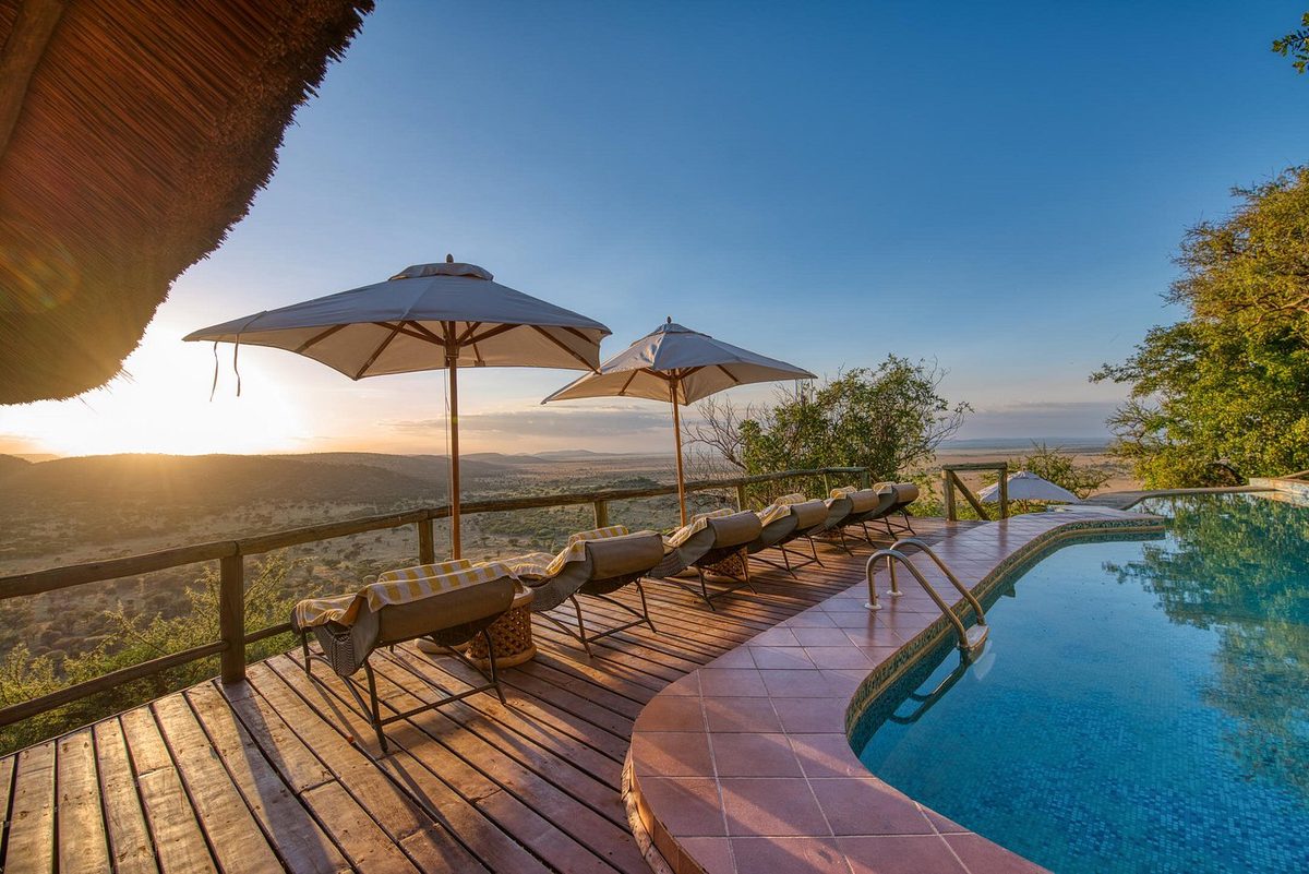 Terraza de la piscina de la Mbali Mbali Soroi Serengeti Lodge con tumbonas y sombrillas sobre el valle al atardecer