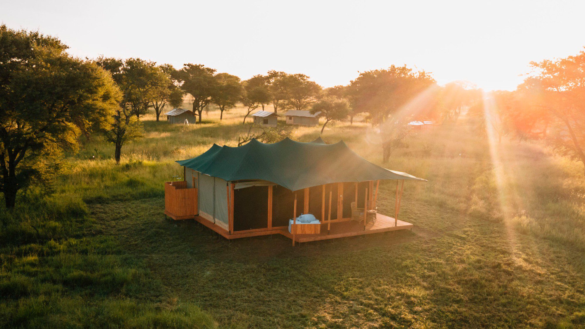 Tienda verde del Serengeti Misako Luxury Camp con terraza de madera en el pastizal a contraluz