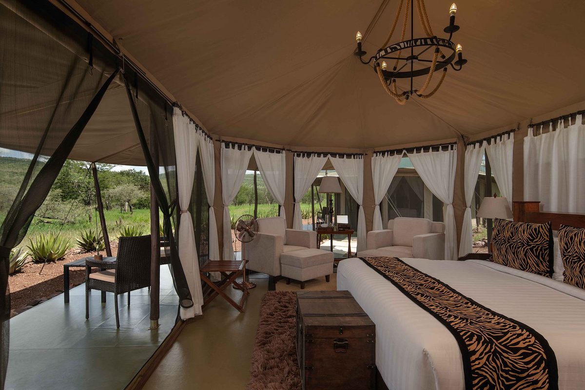 Interior de tienda del Wellworth Ole Serai Luxury Camp - Moru Kopjes con lámpara de araña y cama con estampado de cebra
