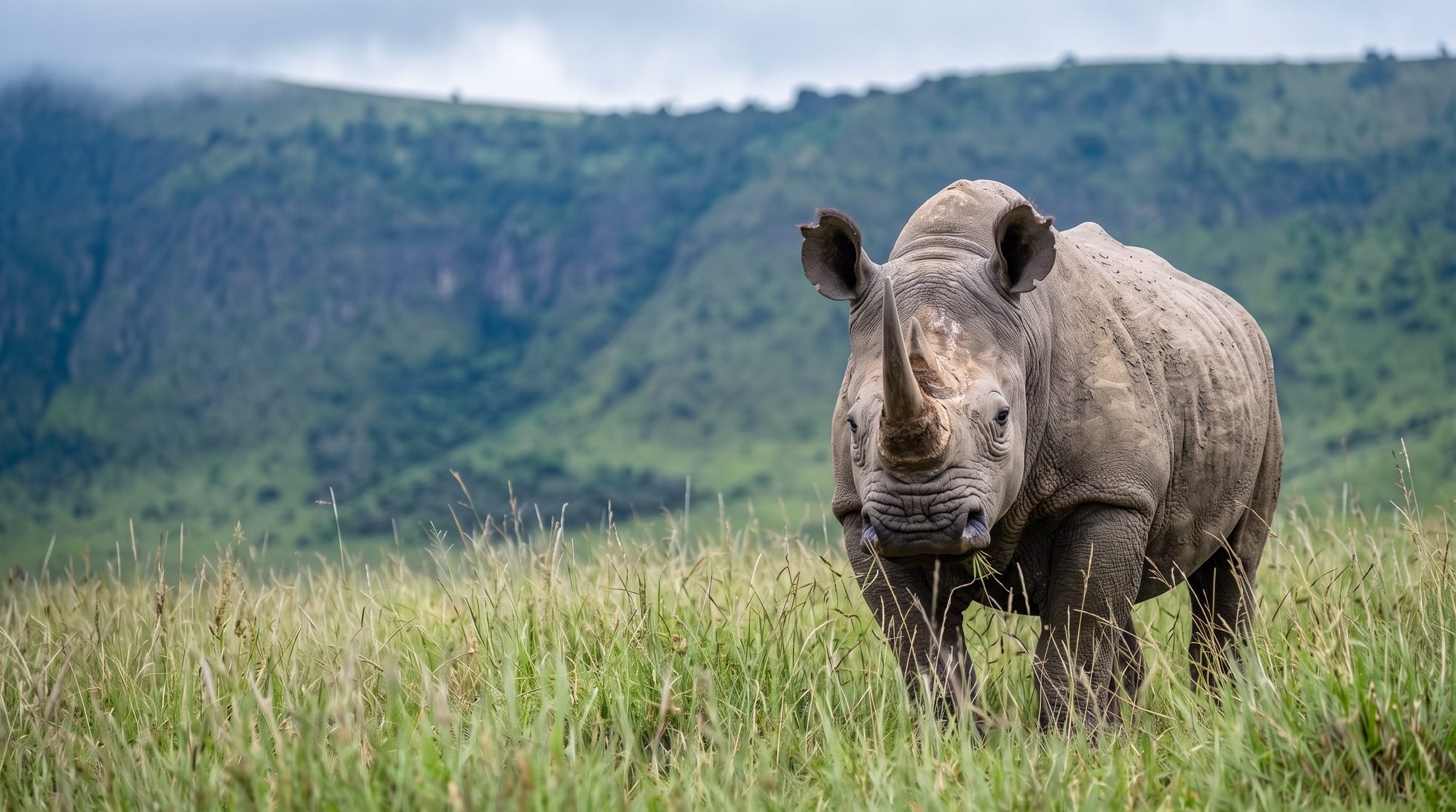 Rhino standing facing forward in tall grass in front of a steep overgrown hillside under low clouds
