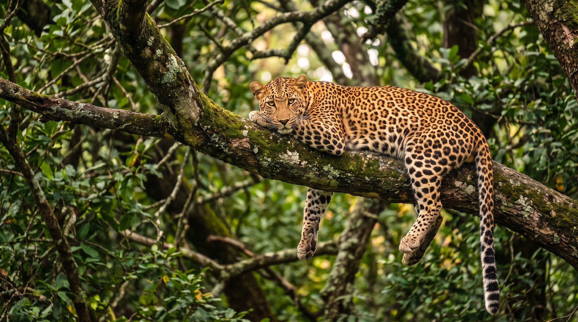 Leopard liegt auf einem moosbewachsenen Ast in einem belaubten Baum, Hinterbeine und Schwanz hängen herab