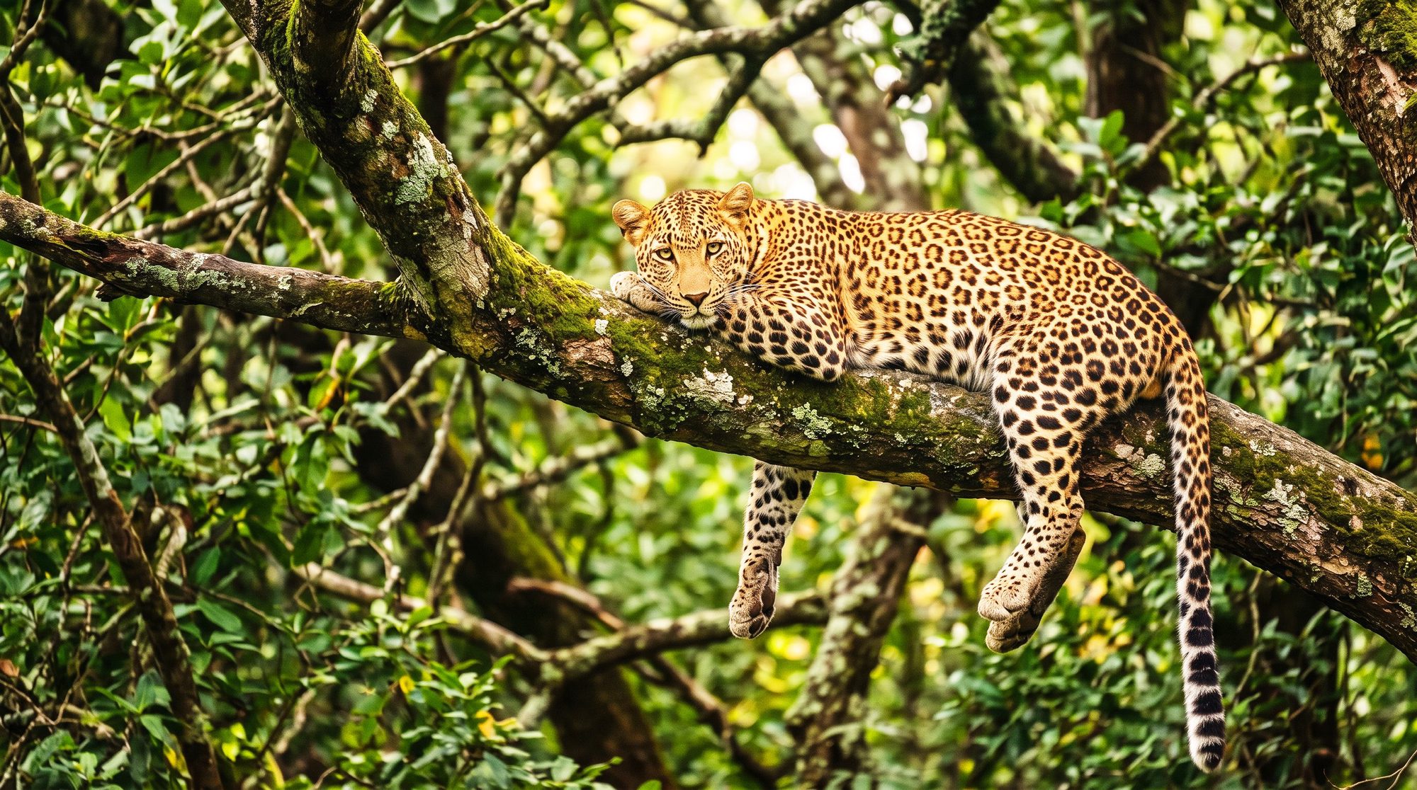 Leopard liegt auf einem moosbewachsenen Ast in einem belaubten Baum, Hinterbeine und Schwanz hängen herab