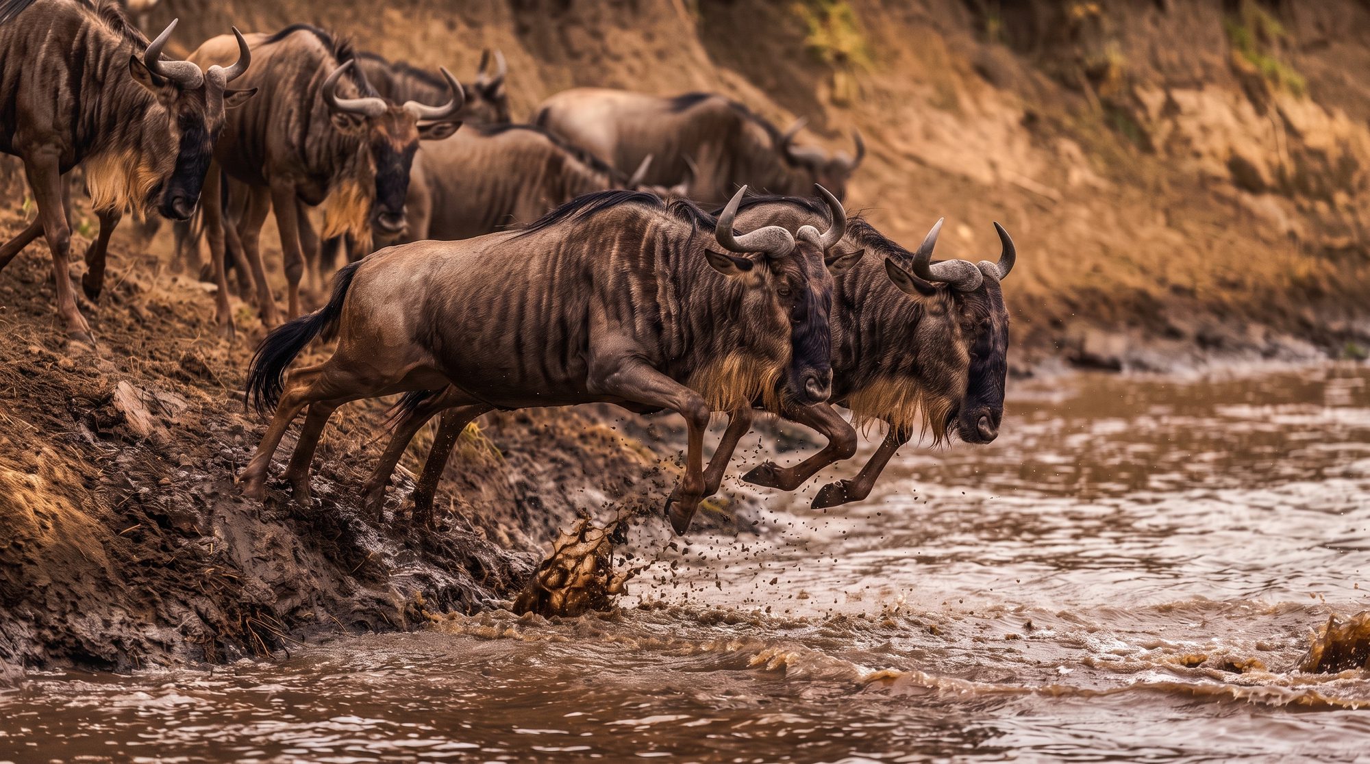 Gnus springen von einem steilen schlammigen Ufer in einen braunen Fluss, weitere Gnus stehen oben am Ufer