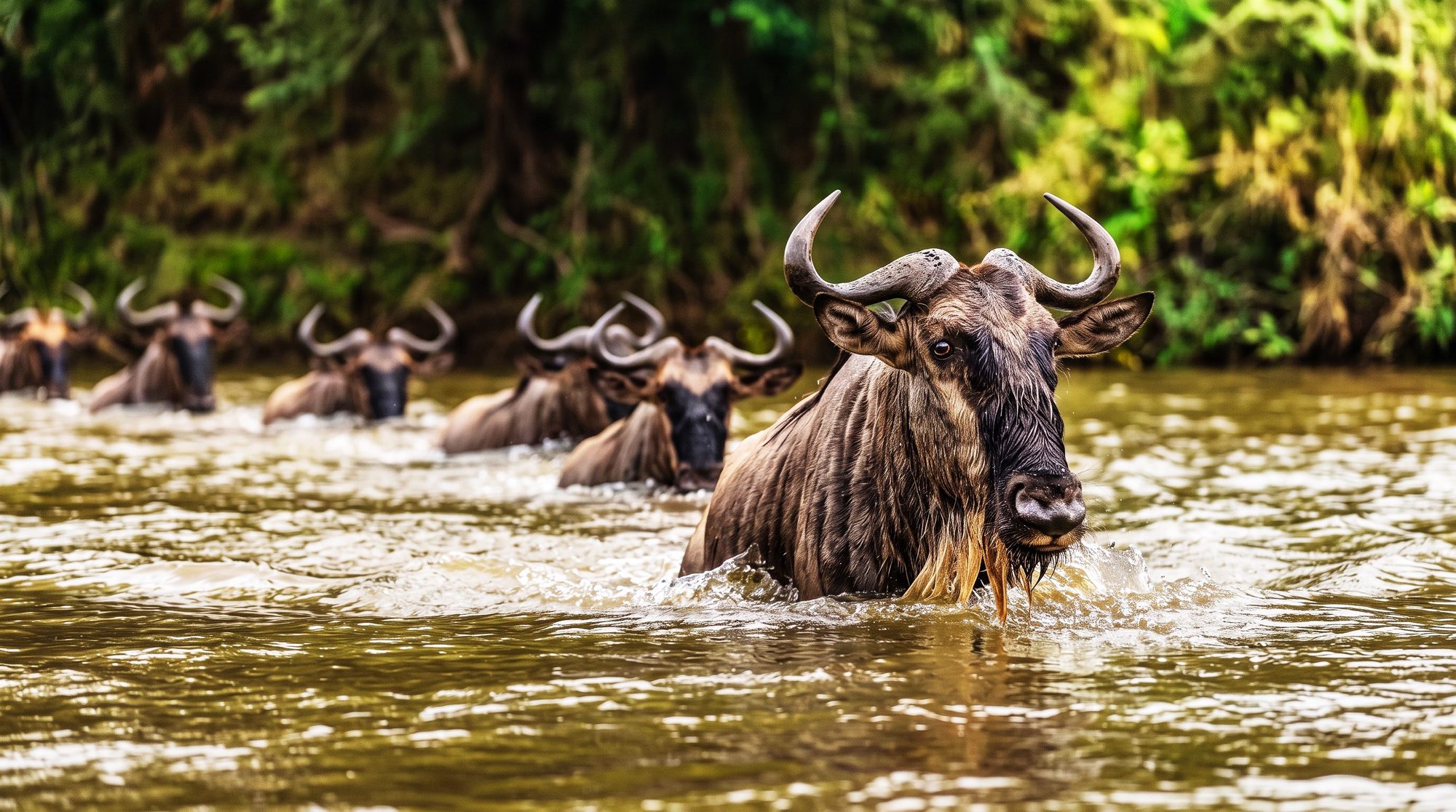 Gnus durchqueren hintereinander einen Fluss, ein Gnu vorne nah im Bild, am Ufer dahinter dichtes Grün