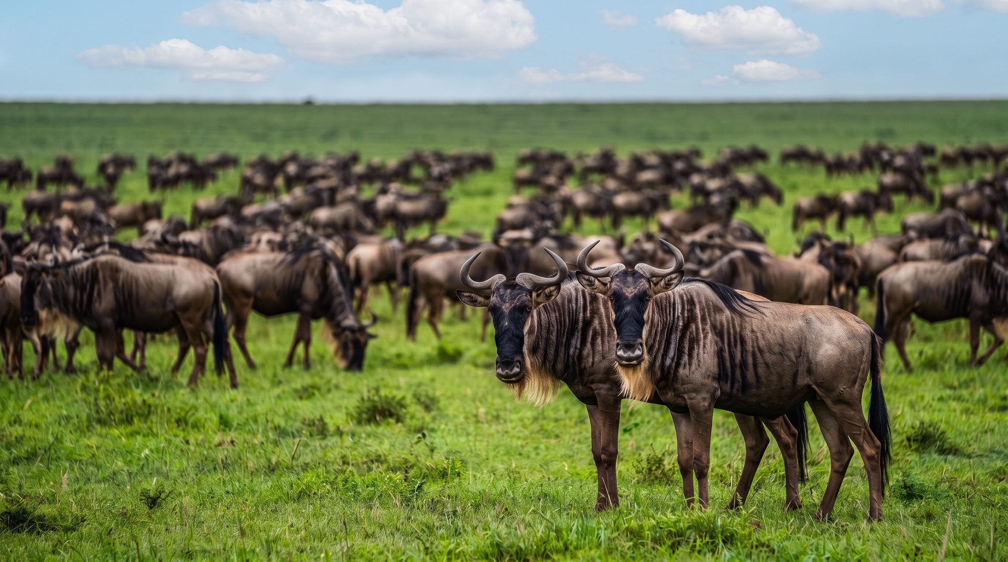 Zwei Gnus auf einer grünen Ebene, dahinter eine Herde bis zum Horizont unter blauem Himmel mit weißen Wolken