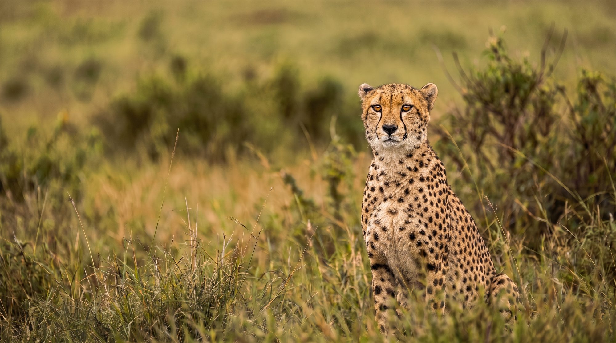 Ein einzelner Gepard sitzt aufrecht im hohen Gras und blickt in die Kamera