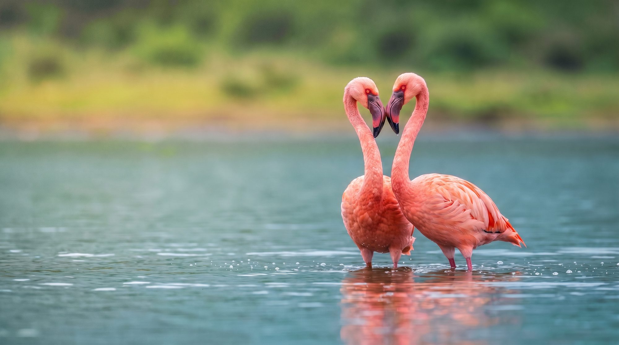 Zwei rosa Flamingos stehen einander zugewandt im flachen Wasser, ihre Hälse bilden eine Herzform