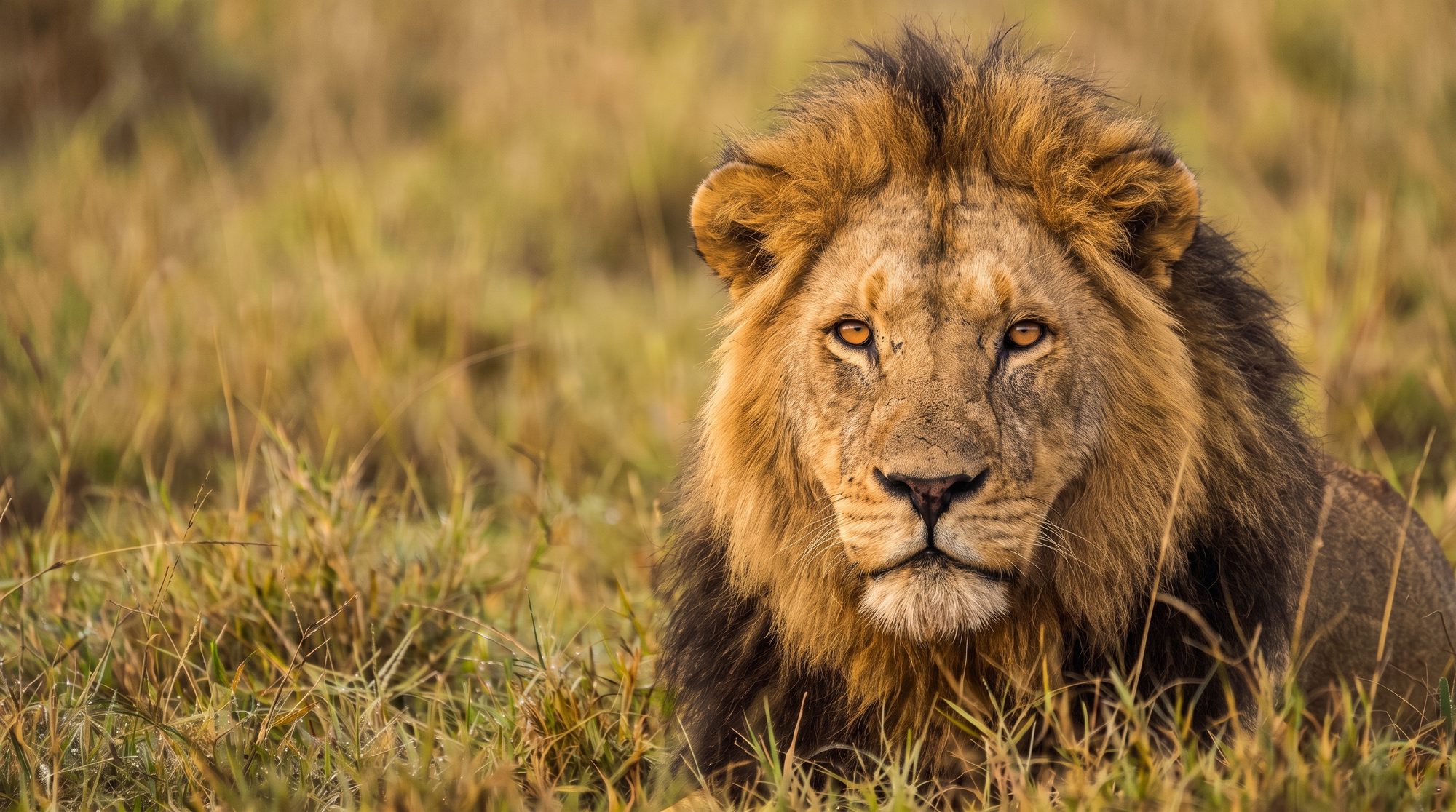 Primer plano de un león macho con densa melena tumbado en la hierba y mirando a la cámara
