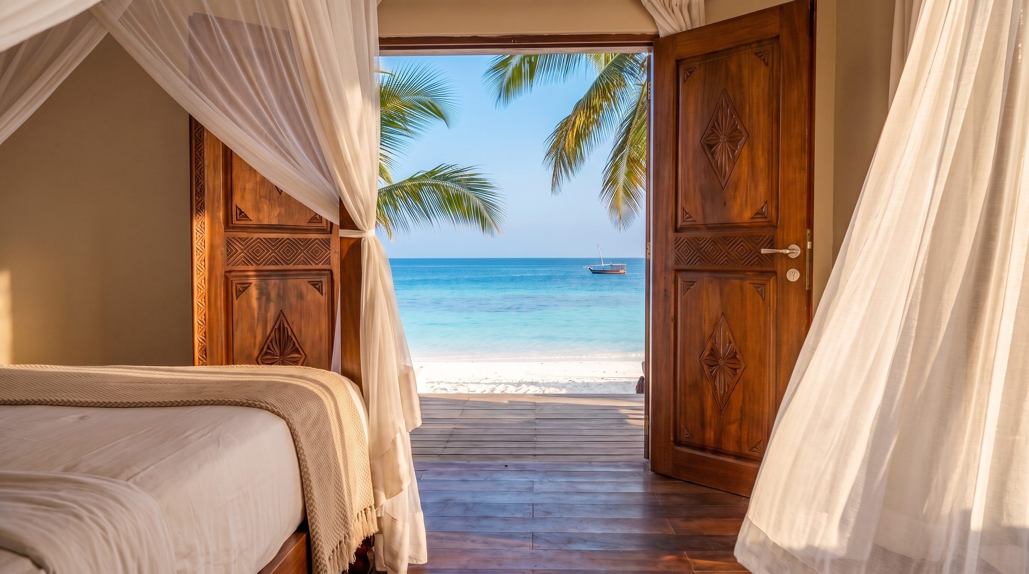 Four-poster bed with mosquito net, open carved wooden door, terrace, white beach and sea with a boat
