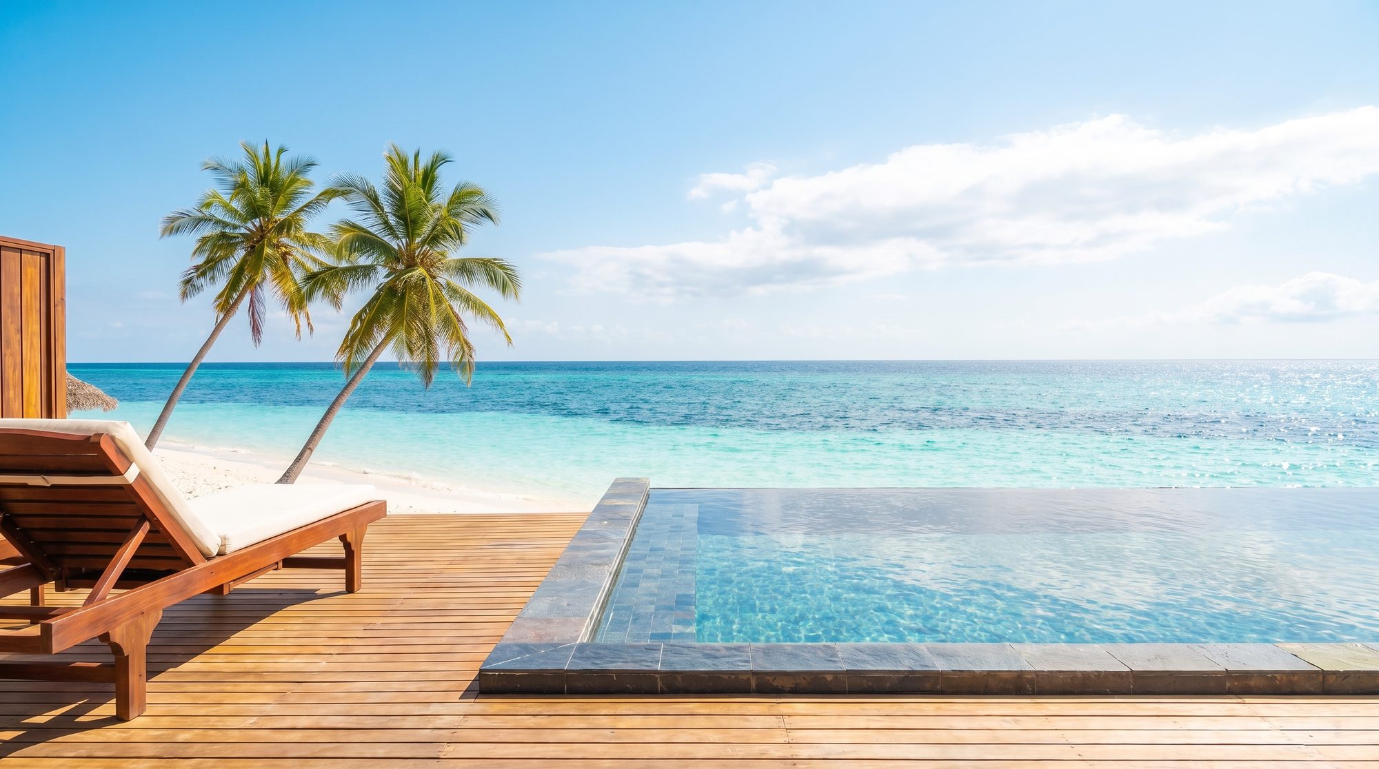 Holzterrasse mit Sonnenliege und Infinity-Pool, Palmen, weißer Strand und türkisfarbenes Meer im Abendlicht