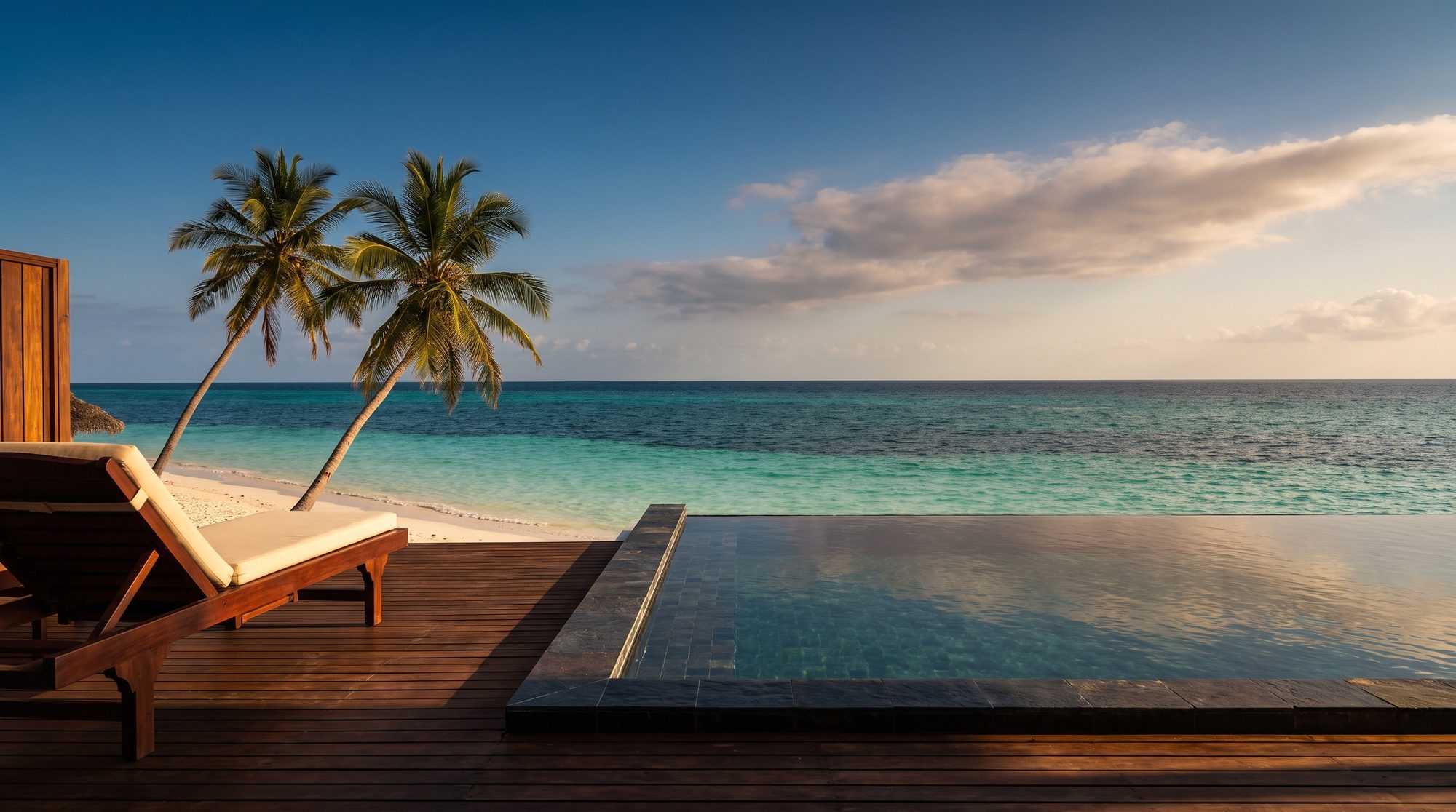 Wooden terrace with sun lounger and infinity pool, palms, white beach and turquoise sea in evening light