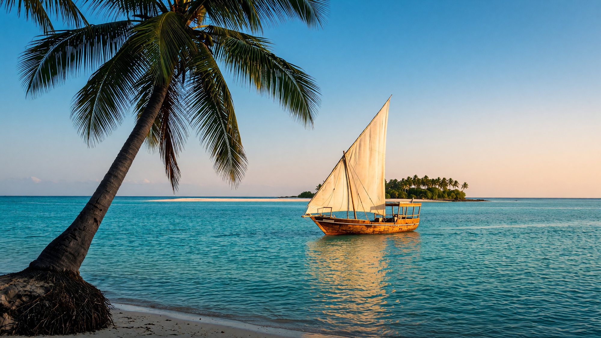 Dhow con vela de color claro sobre aguas tranquilas de color turquesa a la luz del atardecer frente a una isla pequeña