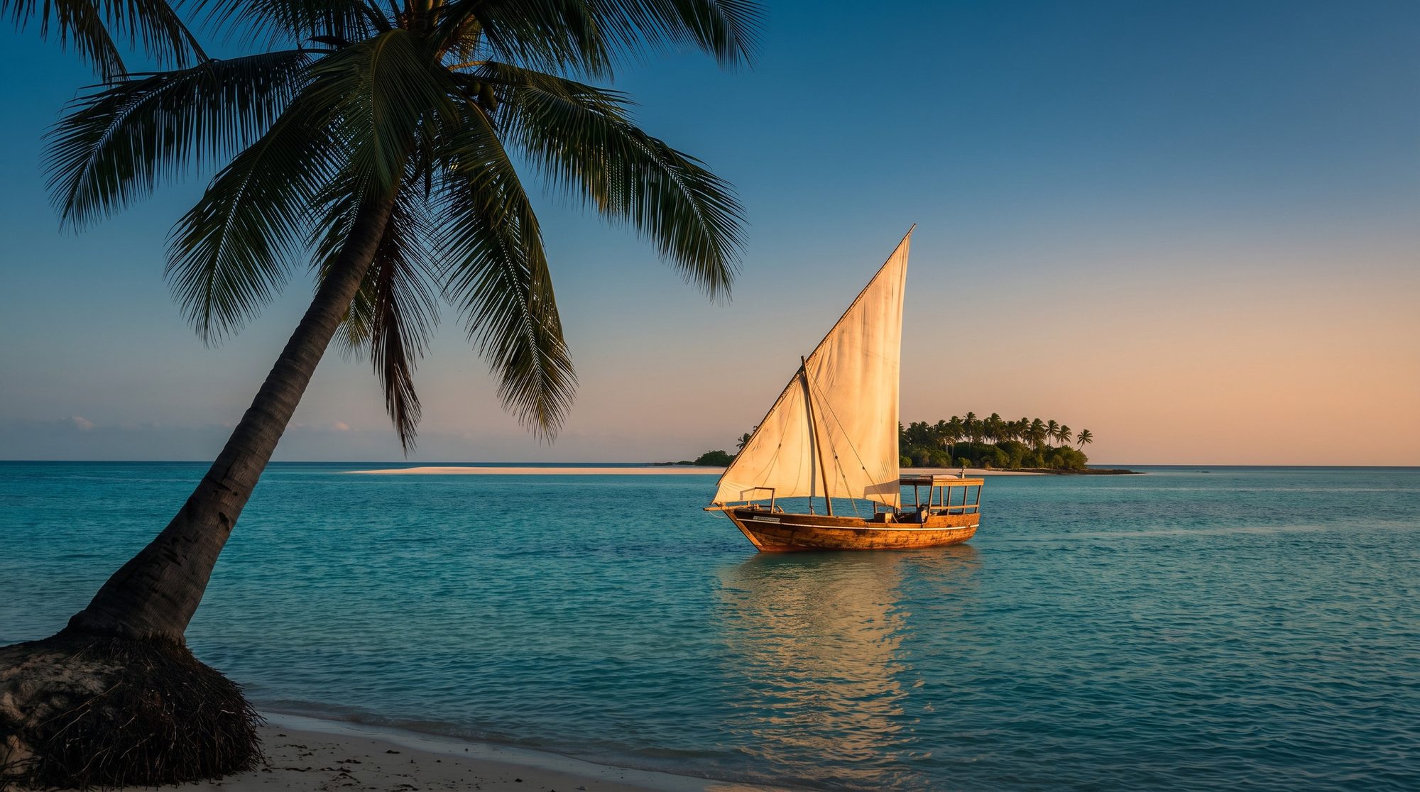 Dhow with a light-coloured sail on calm turquoise water in the evening light off a small island