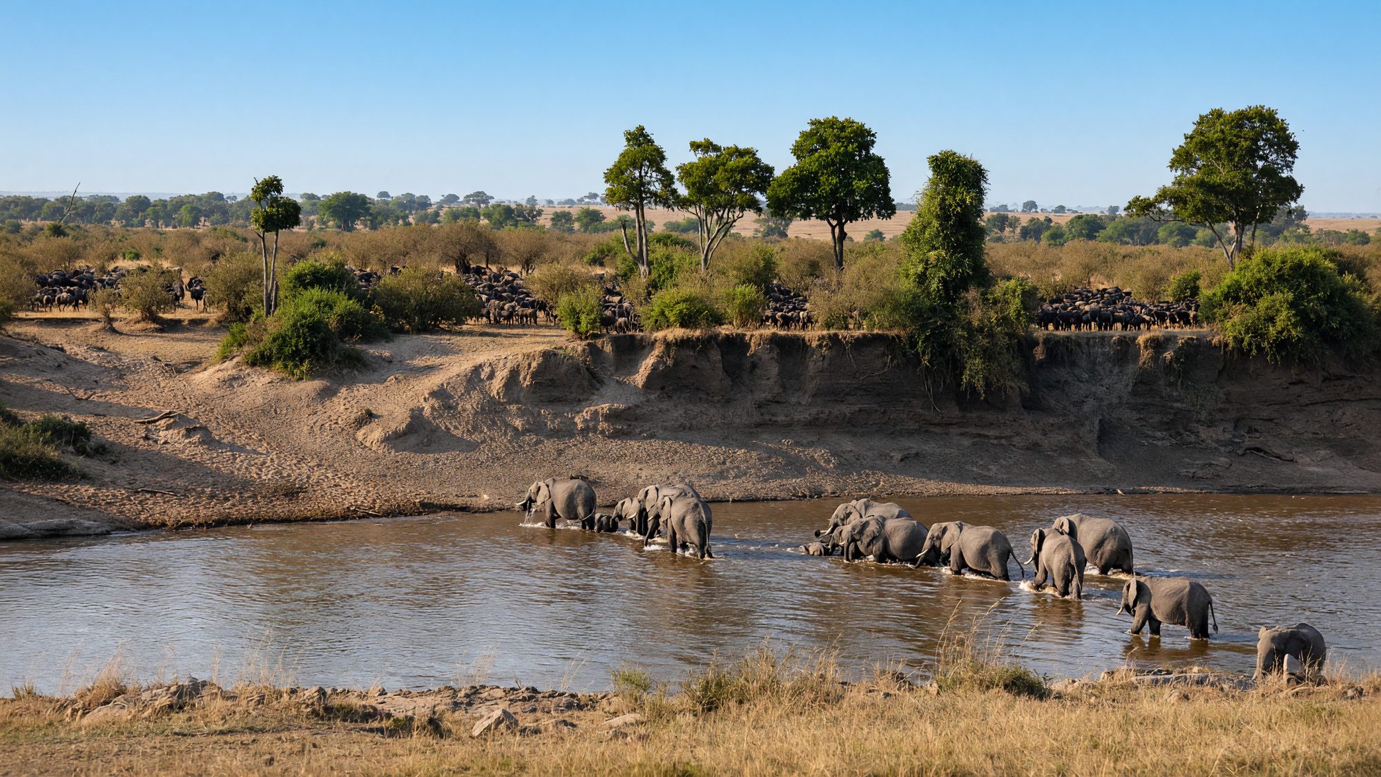 Manada de ñus en la orilla del río durante la migración