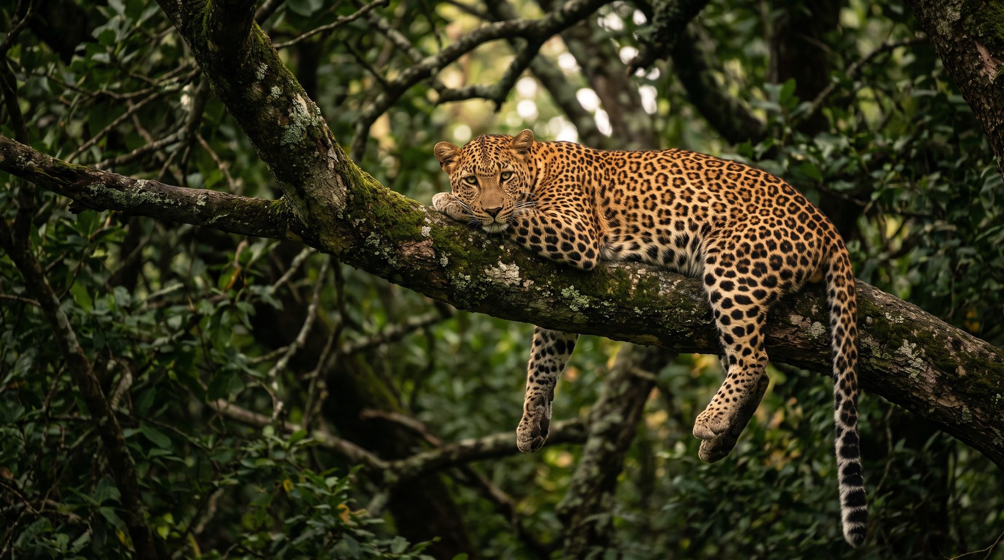 Leopardo sobre una rama musgosa en un árbol frondoso, patas traseras y cola colgando