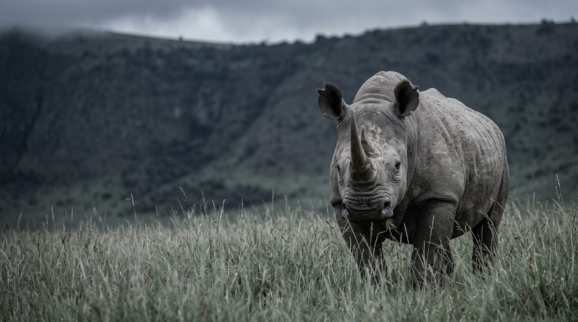 Nashorn steht frontal im hohen Gras vor einem steilen bewachsenen Hang unter tiefen Wolken