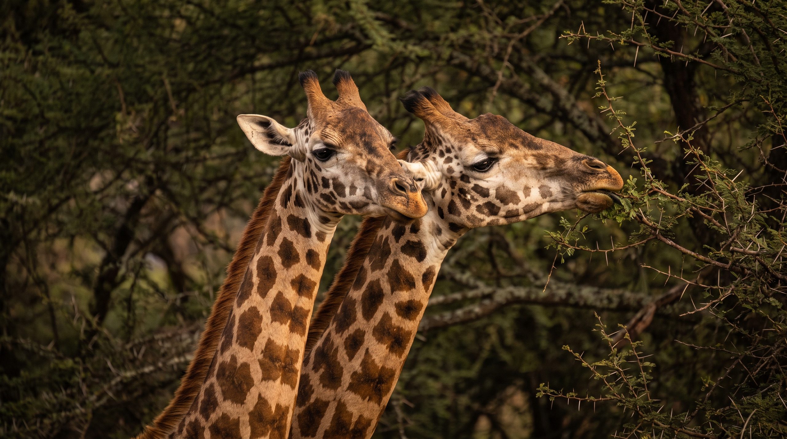 Cabezas y cuellos de dos jirafas ante follaje oscuro, una come de una rama de acacia espinosa