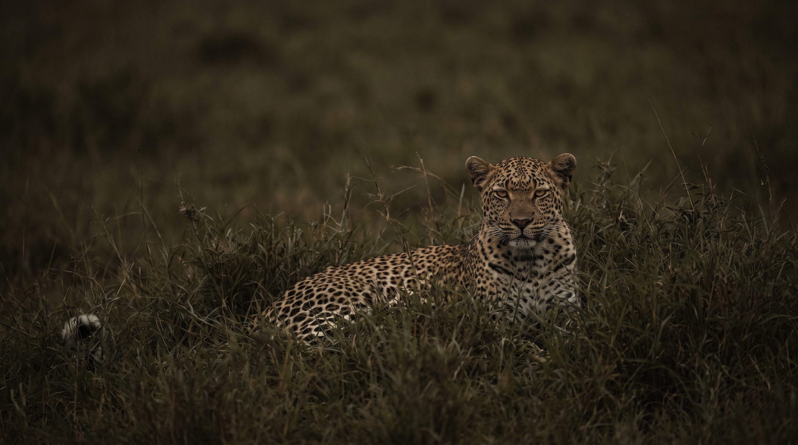 Leopard lying in tall grass with its head raised, looking into the camera