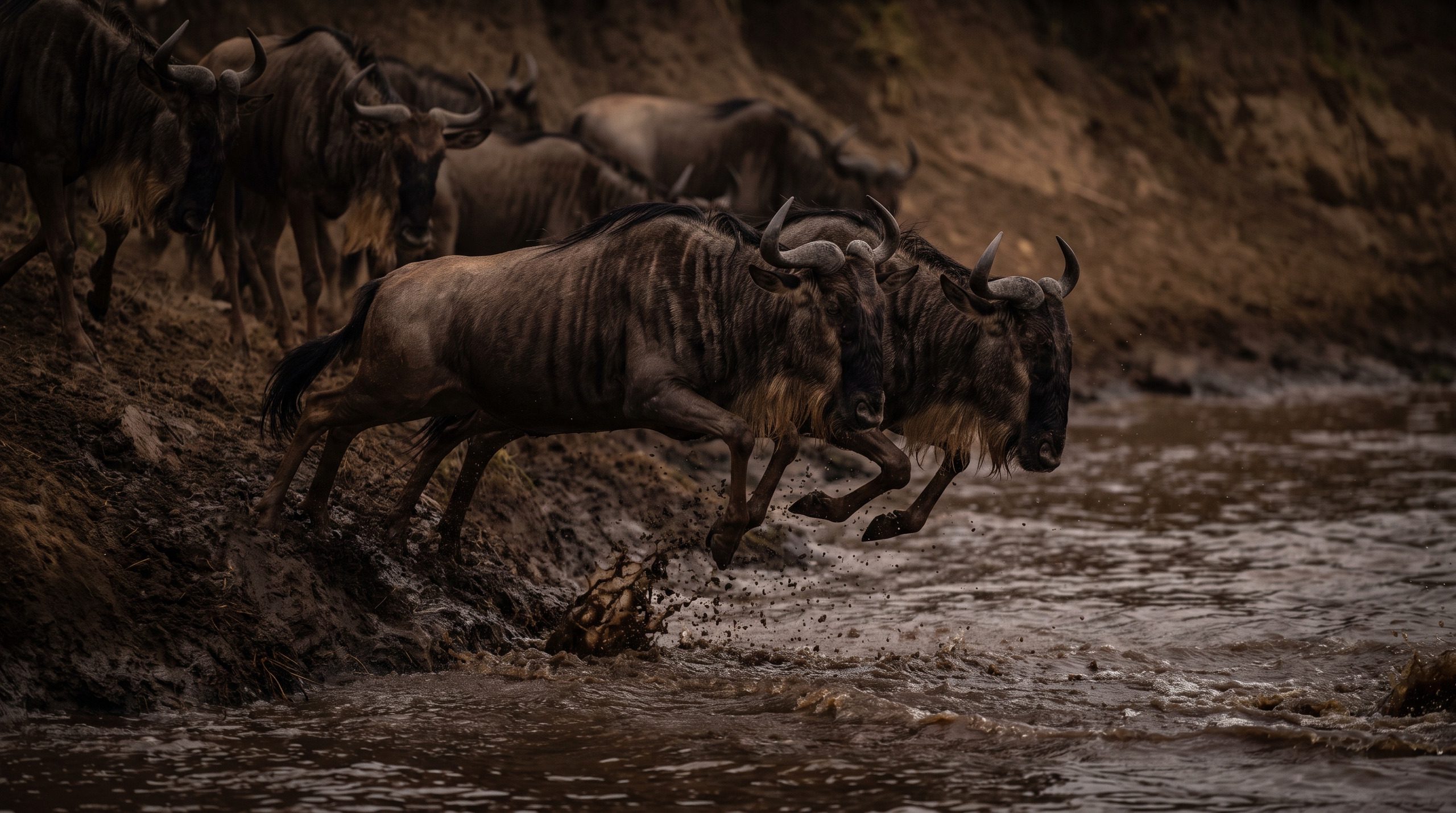 Wildebeest jumping from a steep muddy bank into a brown river, more wildebeest standing at the top of the bank