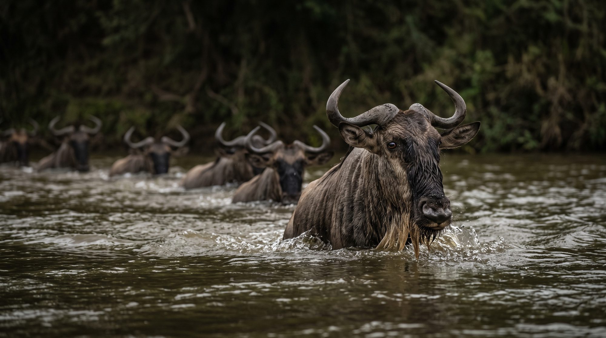 Wildebeest crossing a river in single file, one close in the foreground, dense green on the bank behind