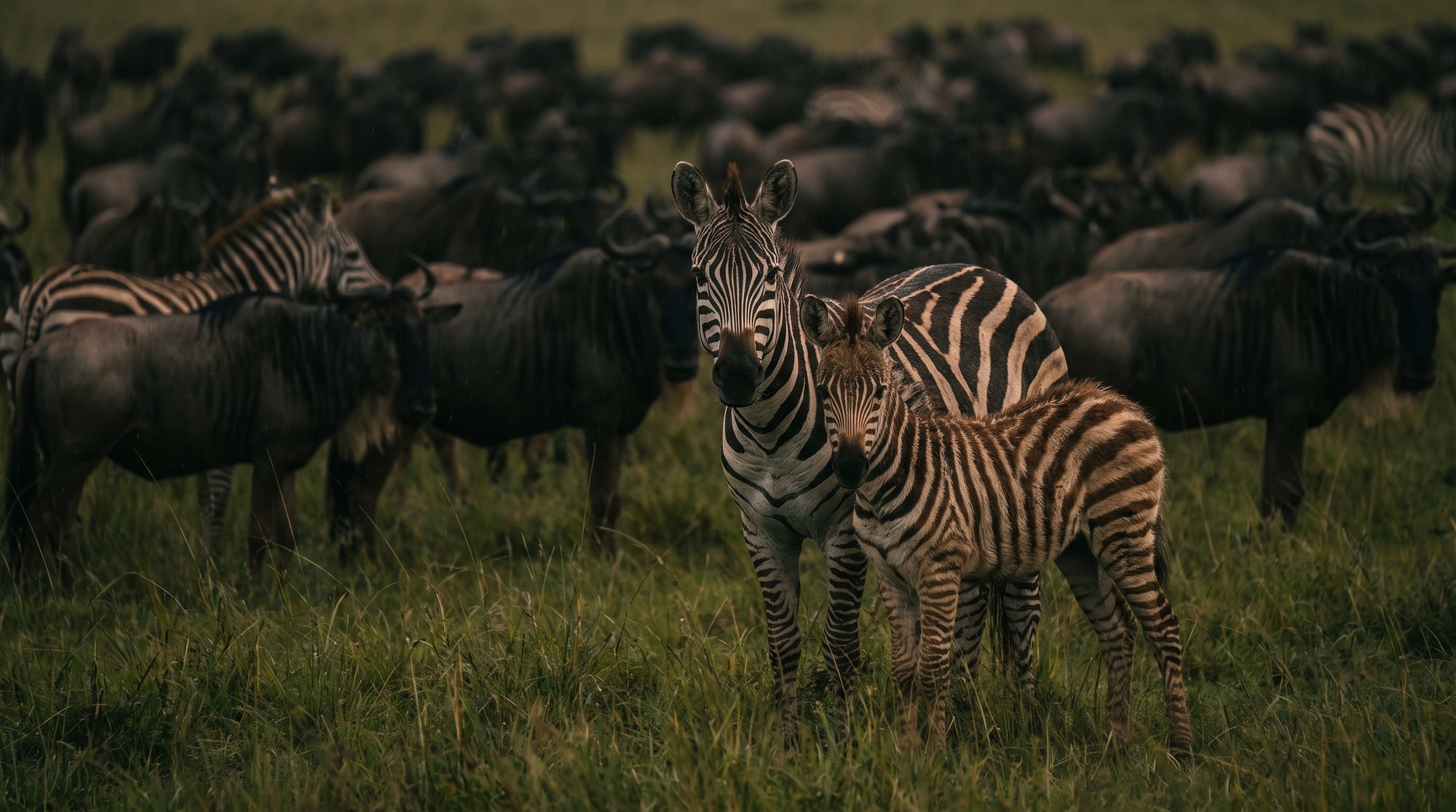 Zebra with foal in green grass, surrounded by a large wildebeest herd and other zebras