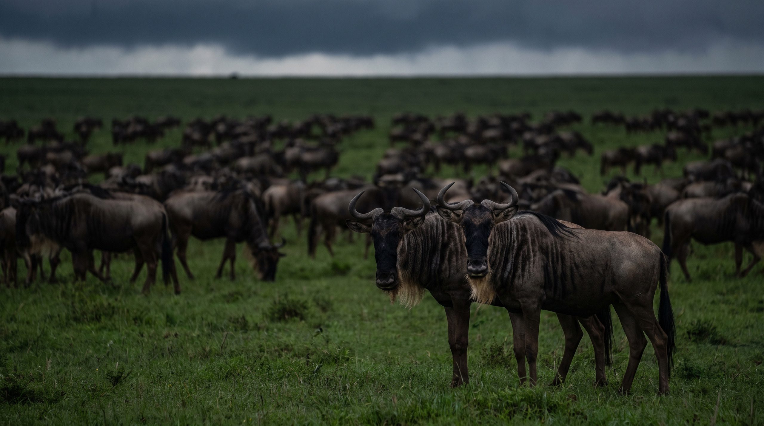 Two wildebeest on a green plain, a herd stretching to the horizon behind them under dark storm clouds
