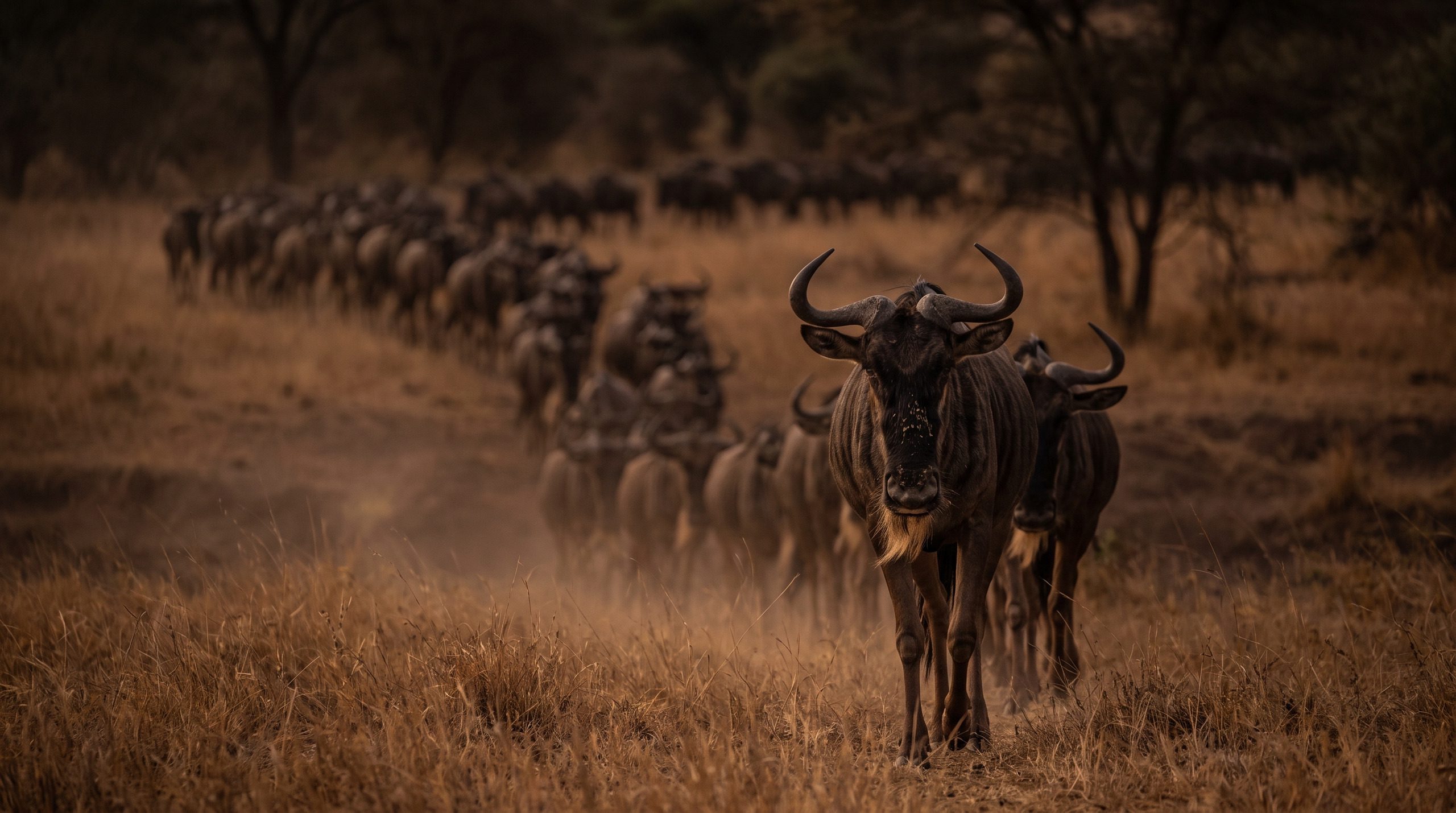 Long line of wildebeest in dry grass between trees, the foremost walking towards the camera