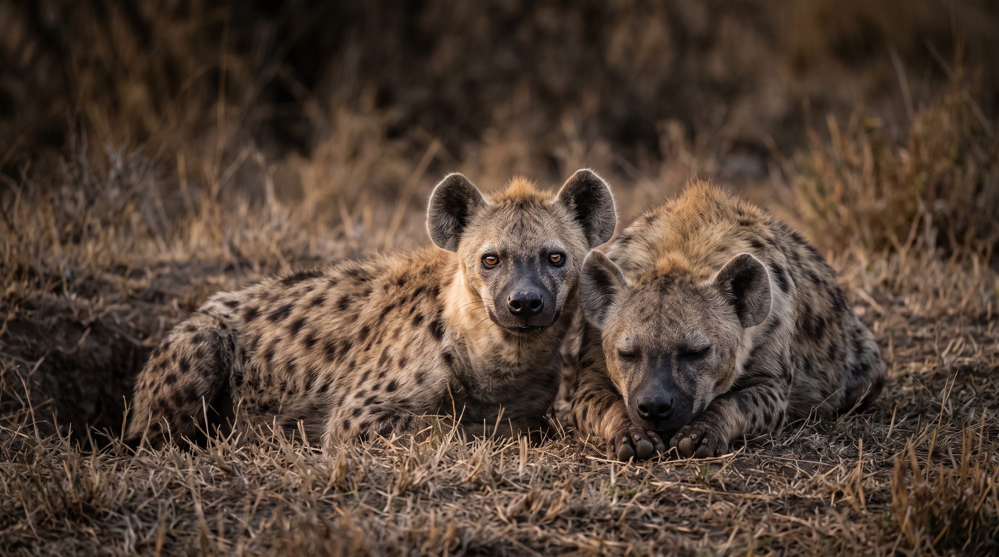 Two hyenas lying in the dry grass, one looking into the camera, the other with its eyes closed